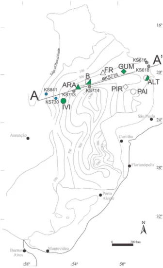 Figure 2. Isopach map of PCFB in Paraná Basin,  with contours at 200 m intervals (Zalán et al