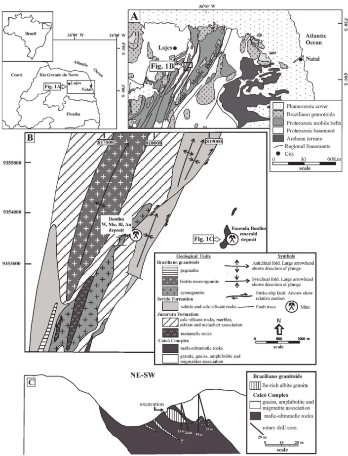 Figure 1. Geological and location maps of the Fazenda Bonfim emerald deposit. (A) Regional geological subdivision  map (adapted from Cavalcante Neto &amp; Barbosa 2007); (B) local geological map