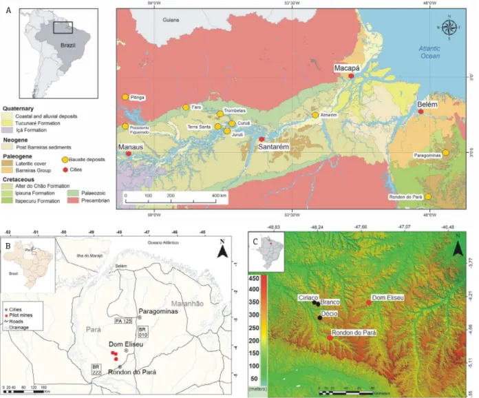 Figure  1.  (A)  Simplified  geological  map  of  eastern  Amazon  showing  the  main  bauxite  deposits  with  related  Belterra Clay covers, modified from Bizzi et al