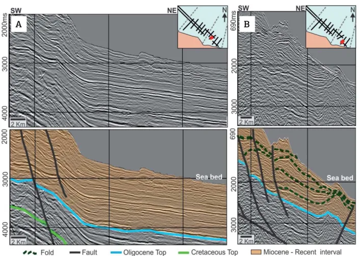 Figure 7. In (A) is presented 0239-247 seismic line (TWT vertical scale) at deep basin showing Miocene-Recent  interval,  which  presents  contorted  and  parallel  internal  configuration  with  medium  to  high  continuity  and  sheet external geometry