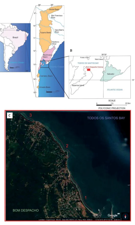 Figure 1. Location of the study area. (A) Recôncavo Basin in relation to South America, Brazil, and adjacent basins