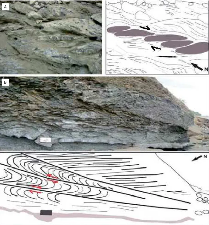 Figure 7. Brittle deformation structures. (A) Compression duplex formed in an intra-strata shear zone