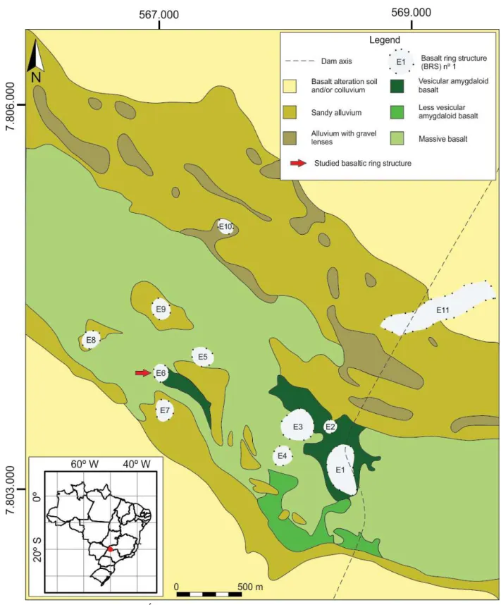 Figure 2. Geological map of the Água Vermelha region (adapted from Araújo 1982). Coordinates are in Universal  Transverse Mercator (UTM), World Geodetic System (WGS) 84 Datum.