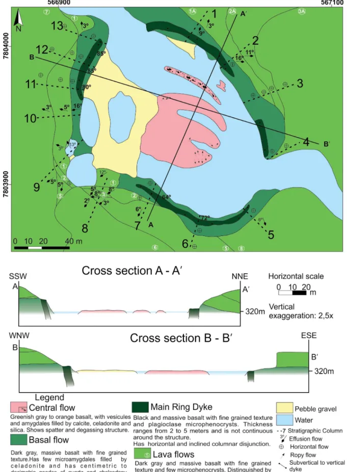 Figure 3. Geological map of basalt ring structure E6 in Água Vermelha region, Minas Gerais / São Paulo, Brazil,  showing the different basalt flows, structures and location of the studied stratigraphic sections (Pacheco  et al 