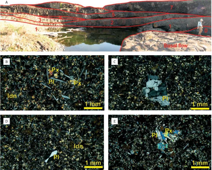 Figure 7. (A) Lava flows of the southwestern edge of the mapped ring structure. Universal Transverse Mercator  (UTM) coordinates: 7803986 N/567020 E/Zone 22K/ facing southwest (Pacheco  et al 