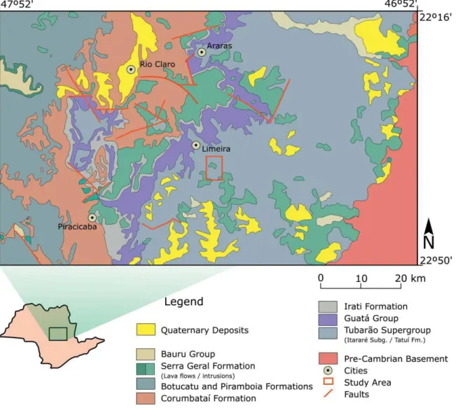 Figure 1. Geological map of central-eastern São Paulo state (Brazil), showing Paraná Basin stratigraphic Units,  the pre-Cambrian basement and location of the study area