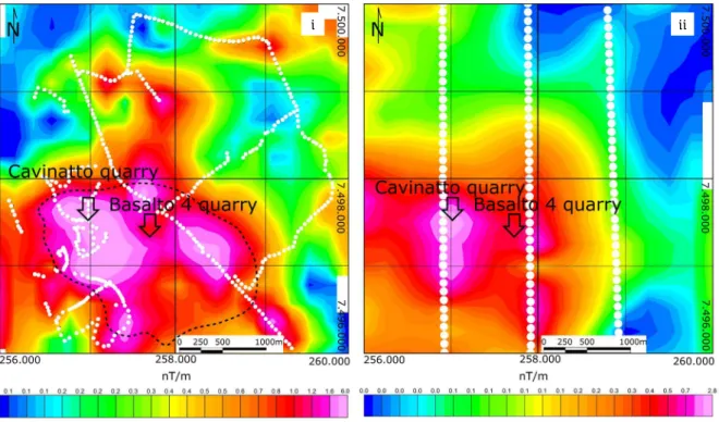 Figure 6. Analytical Signal Amplitude (ASA, nT/m) maps for the Limeira Intrusion, based on MAF data of ground  survey (i) and the available aerial data (ii)