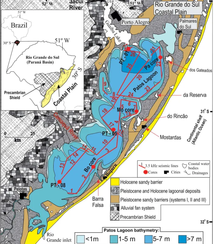 Figure 1. Regional setting with geological mapping, bathymetry of Patos Lagoon, toponymies, seismic profiles and  core locations, modified from Bortolin  et al 