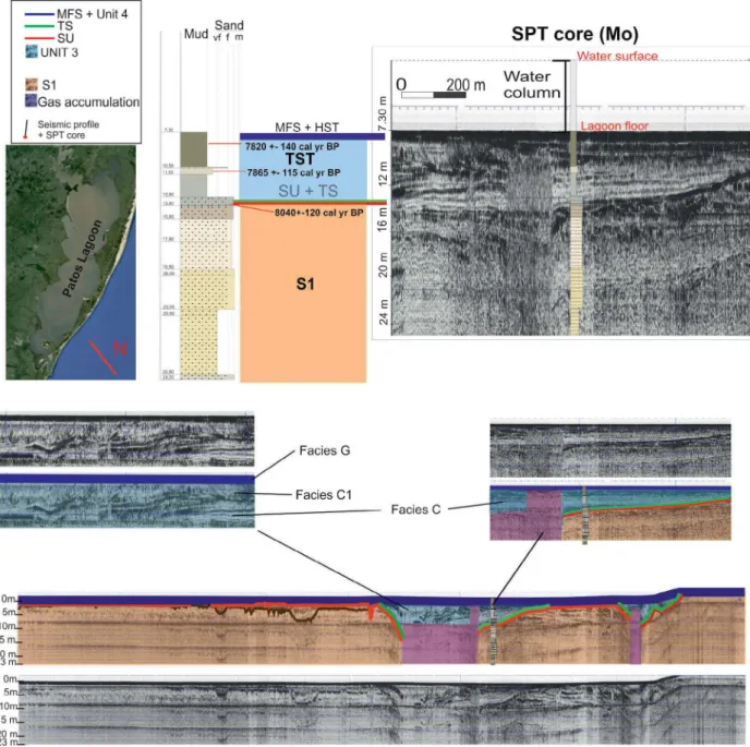Figure 4. Seismic line 7 with the seismic facies identified, tied to Mo core and system tracts individualization  (Mo core and seismic line 7 are modified from Weschenfelder  et al