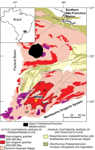Figure 1. Geological map of Socorro-Guaxupé Nappe  System area, highlighting the main syn- and post-orogenic  granitic occurrences