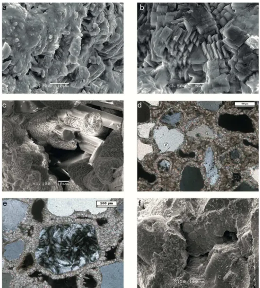 Figure 5. (a) SEM image of anhedral cryptocrystalline cement, note clay sized particles