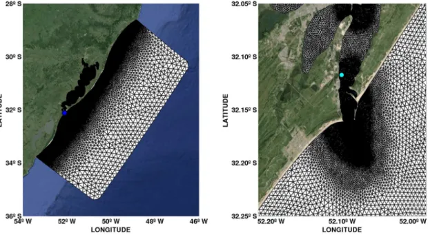 Figure 2. Numerical mesh of the domain, where the dots represent the locations of measured data available for validation.