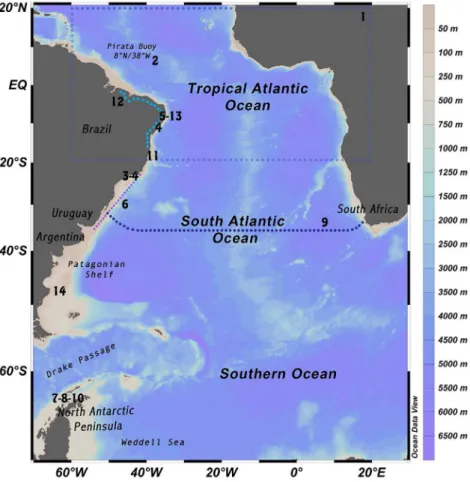 Figure 3. Map indicating the study area of the works from Table 2. Map of the tropical and south Atlantic, including the Atlantic sector of the  Southern Ocean