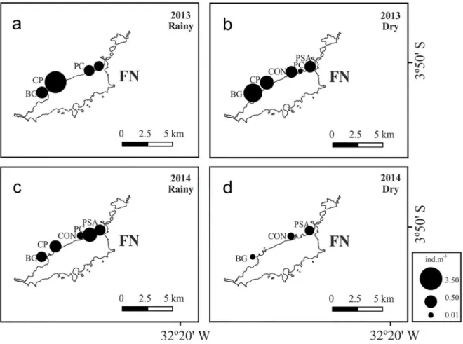 Figure 2. Spatio-temporal distribution of the total abundance of decapod larvae (ind.m -3 ) sampled on the leeward coast of the Fernando de Noronha  archipelago during the rainy and dry seasons of 2013 and 2014