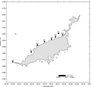 Figure 2. Spatial distribution of stations on Recife’s inner shelf (RIS)  and in the Recife Harbor (RH) channel, March 2015.