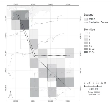 Figure 9. Number of terns (three species, see Methods) counted in each grid cell  during the 12 surveys.