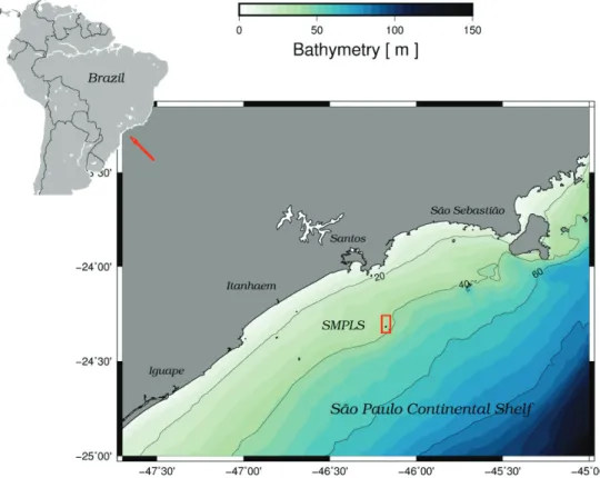 Figure 1. São Paulo Continental Shelf, highlighting the area of the State Marine Park of Laje de Santos (red rectangle)