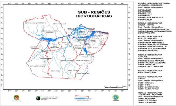 Figura 5 - Mapa e legenda que ilustram as Sub-regiões Hidrográficas do Pará  Fonte: SEMA, 2012 