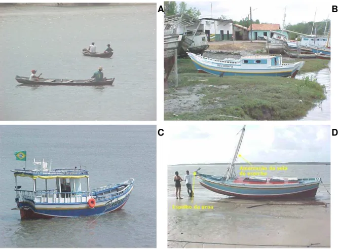 Figura 4: Principais variedades de embarcações maranhenses: A) Casquinho; B) Bote a motor; C) Biana  com casario; D) Biana sem casario