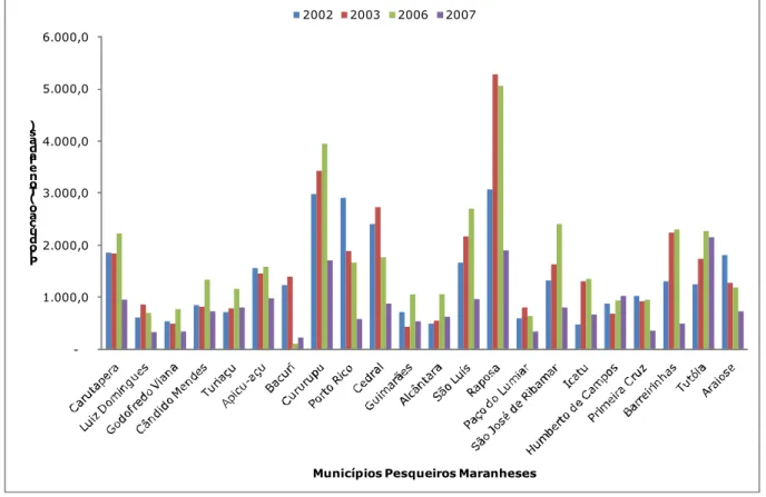 Figura 12: Produção de pescados em toneladas por municípios maranhenses (2002 a 2007)