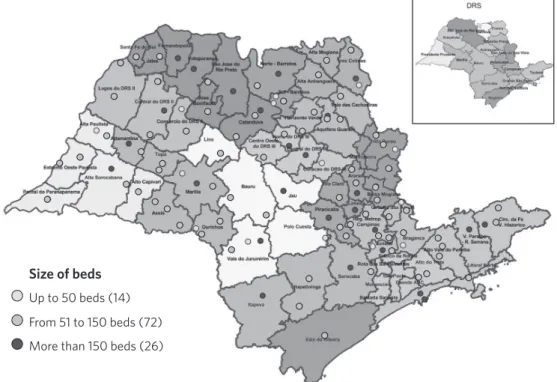 Figure 1. Spatial distribution of Philanthropic Hospital Units (PHU) of the financial incentive program by Health Region  (HR) and by Regional Health Department (RHD), according to hospital size