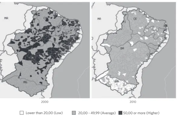 Figure 1. Spatial distribution of the Infant Mortality Rate indicator. Municipalities of the brazilian Semi-Arid, 2000 and 2010