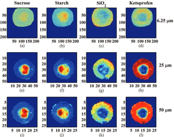 Figure 3. Distribution maps generated by MCR-ALS models with different pixel sizes (6.25, 25 and 50 µm) for the 4 components studied (warm colors  indicate the presence and cold colors indicate components absence).