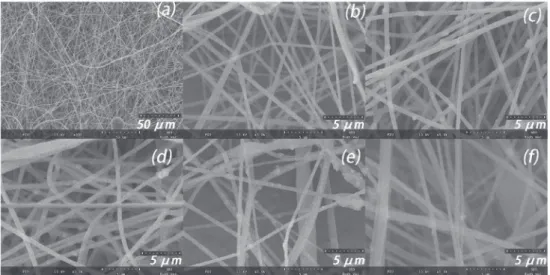 Figure 4. Field-emission scanning electron microscopy images; (a) and (b) pristine PAN nanofibers; (c) PAN + 0.5 wt.% TiO 2 /Ag 3 VO 4 ; (d) PAN + 1 wt.% 
