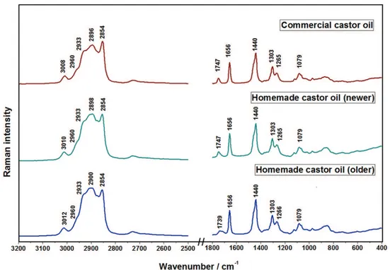 Figure 3. Raman spectra of homemade (newer and older) and commercial castor oils. All spectra were normalized based on the intensities of the bands  at 2906-2880 cm -1  region.