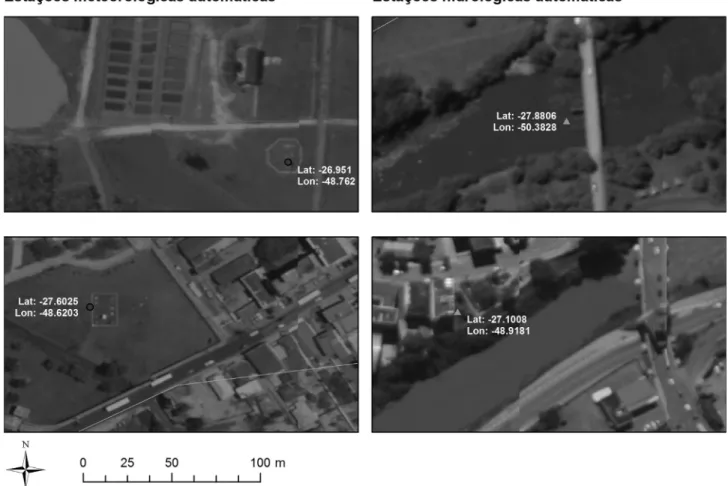 Figura 1 - Exemplo de padrões de locais para instalação das estações meteorológicas e hidrológicas telemétricas e sua capacidade de identificação visual nas imagens de alta resolução do aerolevantamento de Santa Catarina (SDS, 2012).