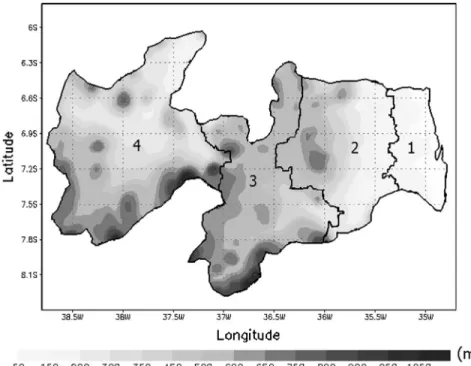 Figura 3 - Mapa de elevação (m) da Paraíba com resolução de 4 km.