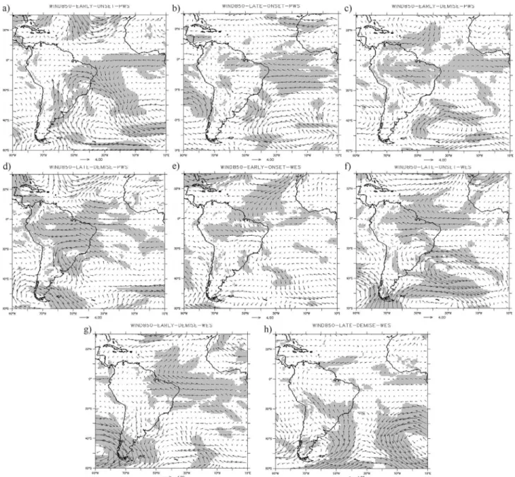 Figure 9 - Composites of wind at 850-hPa (m/s) for episodes of a) early onset, b) late onset, c) early demise and d) late demise of the PWS, e) early onset and f) late onset, g) early and h) late demise of the WES early onset