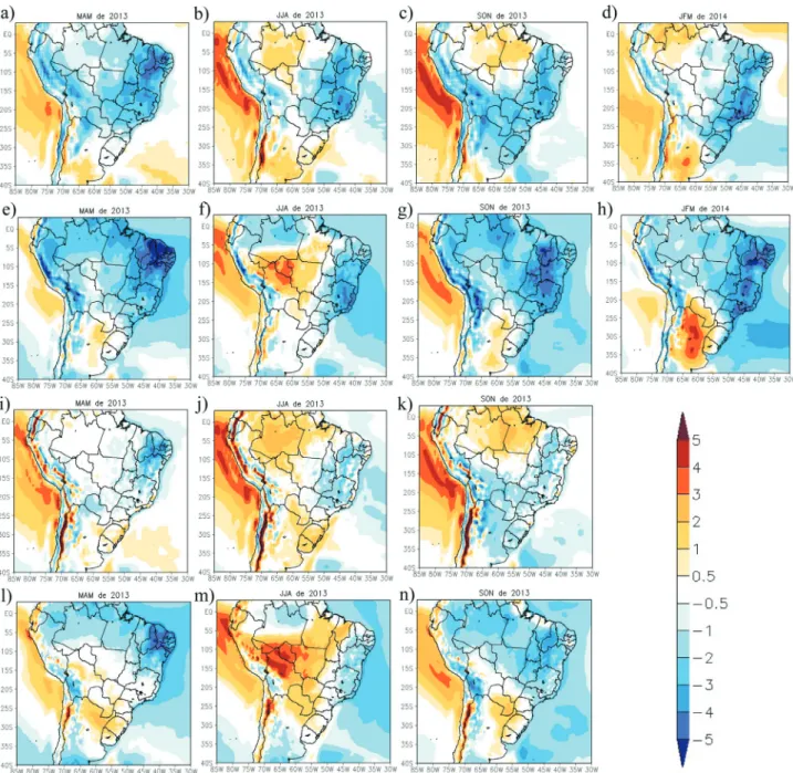 Figura 6 - Viés da temperatura do ar a 2 metros (°C): CFSv2 menos Era-Interim (primeira linha): a) MAM de 2013, e) JJA de 2013, i) SON de 2013 e m) DJF de 2013/2014