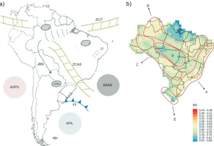 Figura 4 - Principais sistemas que atuam sobre o tempo meteorológico (a) e que promovem a variabilidade espaço-temporal das chuvas no Brasil (b), definindo os padrões (de A até E) identificados com base no Índice de Proporção de Escalas