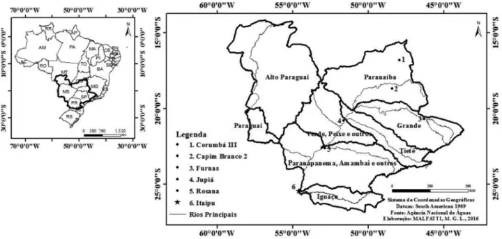 Figura 1 - Localização da Bacia do Rio Paraná, seus principais rios, sub-bacias e as estações fluviométricas utilizadas, com destaque para a Usina Hidrelétrica de Itaipu.