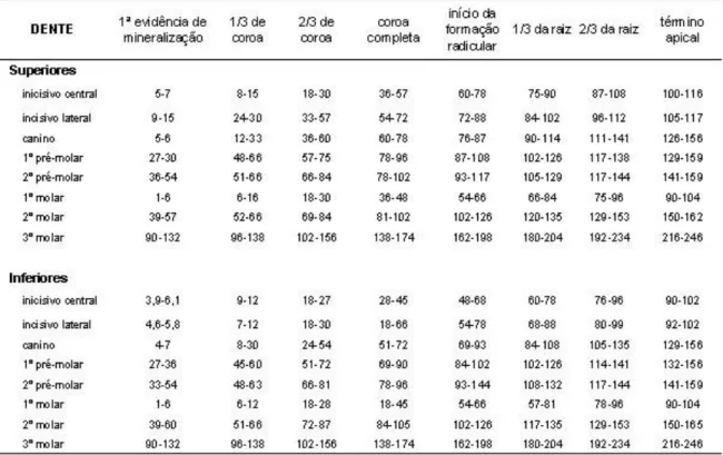 Tabela 3.2: Tabela Cronológica de Mineralização dos Dentes Permanentes de Nicodemo et  al