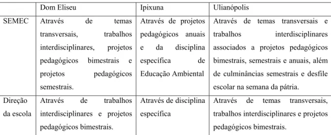 Tabela 21: Forma de implementação da EA nas escolas de cada município.  