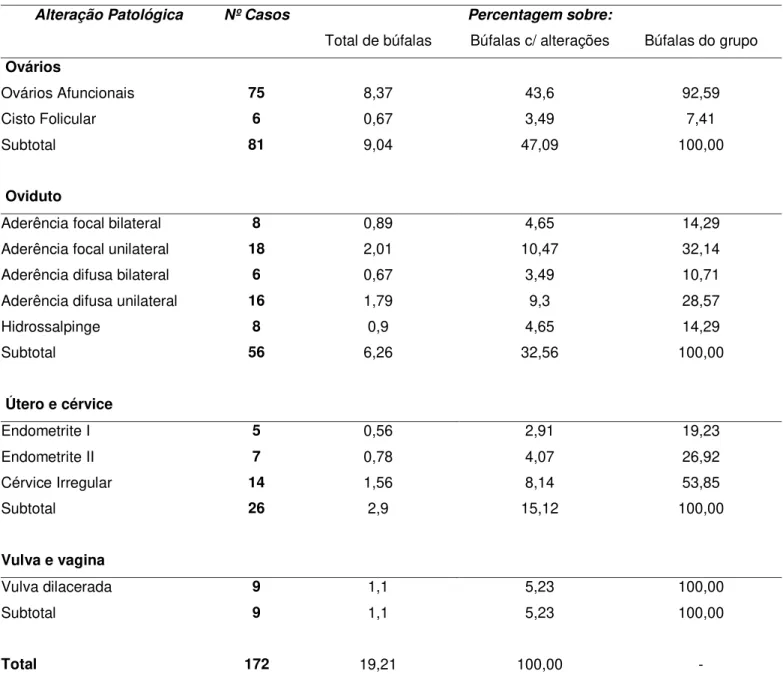 Tabela  8.  Número  de  casos  e  percentagem  das  patologias  encontradas  no  sistema  genital  de  172  búfalas,  no  período  de  abril  de  2004  a  dezembro  de  2005  criadas  de  forma  extensiva  no  município de Cutias do Araguari, Estado do Ama