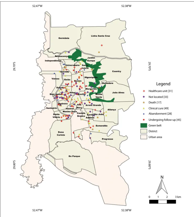 Figure 1. Map of the municipality of Santa Cruz do Sul (RS) showing the spatial distribution of hepatitis C virus cases, classified according  to the genotype