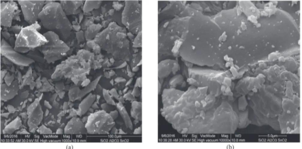 Figure 1. SEM images for the SiAlSn (a) 1,000 times magnification and (b) 10,000 times magnification.
