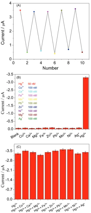Figure 6. (A) Reversible changes of the SWV peak currents for the  biosensor immersed in the solution of 50 nM Hg 2+  and 1.0 mM L-cysteine  alternately; (B) the specificity and (C) anti-interference quality of the  biosensor toward Co 2+ , Ca 2+ , Mg 2+ ,