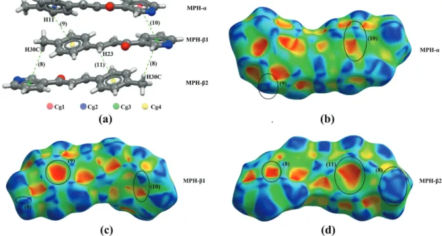 Figure 6. (a) Representation of C−H···π and π···π interactions by dotted lines, establishing the crystal packing of MPH