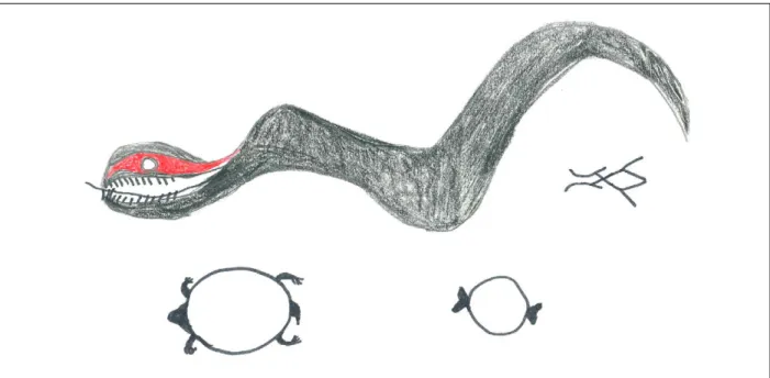 Figure 4. Kamalu Hai, the giant snake and her ceramic pots. Drawing by Itsautaku Wauja (1998)