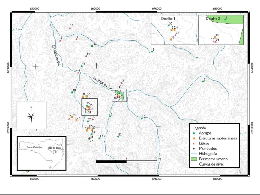 Figura 1. Mapa com os sítios arqueológicos registrados, prospectados e escavados na região de Alfredo Wagner, no Alto Vale do Itajaí do Sul