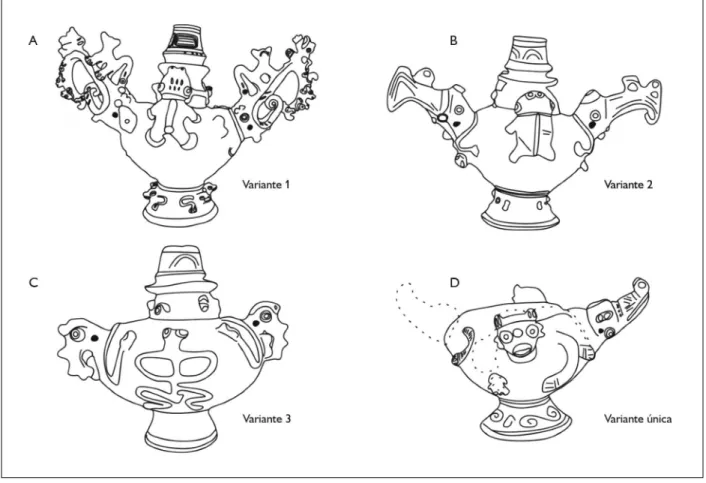 Figura 6. Variantes de vasos de gargalo: A) variante 1 apresenta maior elaboração da técnica dos ‘apliques-asas’ identificados como ‘jacarés’ 