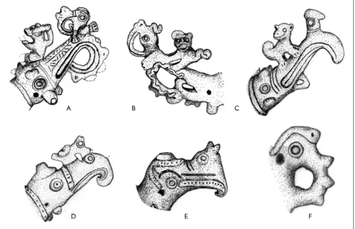 Figura 7. Variantes de apliques de cabeça zoomorfa alongada de vasos de gargalo: os primeiros são identificados na bibliografia como 
