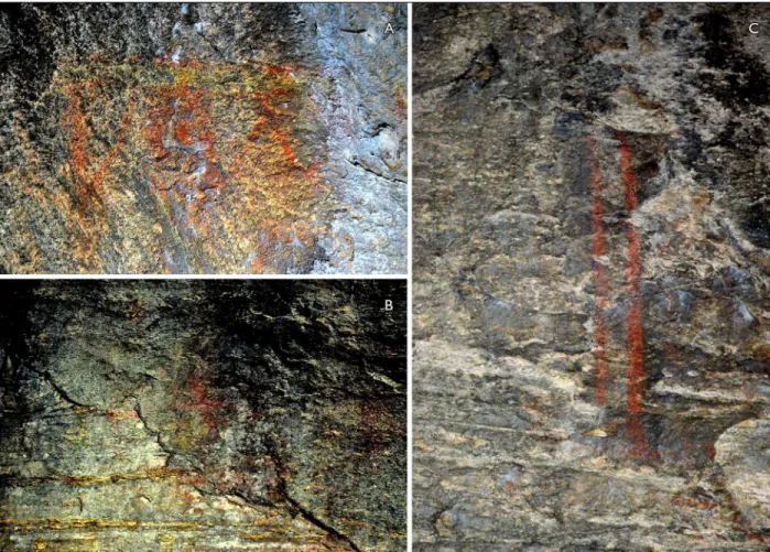 Figura 4. Pinturas rupestres no sambaqui Casa de Pedra: A) pintura situada na parede interna, com coloração vermelha e amarelada; B)  pintura rupestre em linhas cruzadas; C) pintura rupestre em linhas paralelas