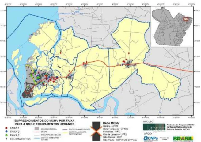 Figura 6 Localização dos empreendimentos do PMCMV e a localização de equipamentos nos  municípios 