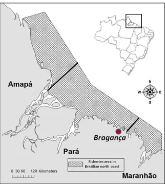 Figura 5: Costa norte brasileira e classificação das áreas de pesca de serra pela frota pesqueira que  desembarca no município de Bragança