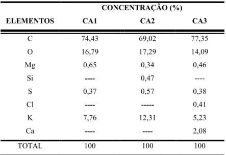 Tabela 8 - Concentração percentual dos elementos químicos encontrados nos CA1, CA2 e  CA3